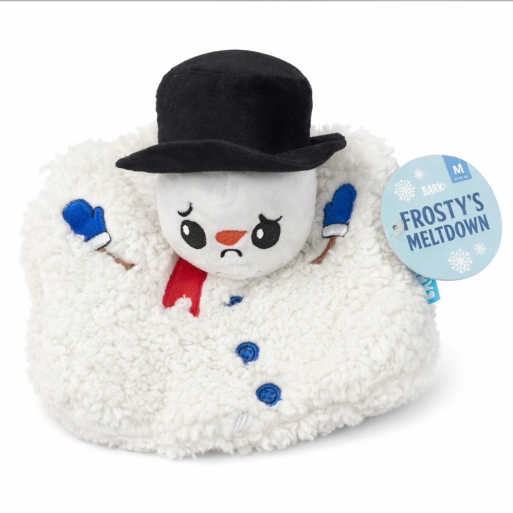Bark Frosty's Meltdown Plush Snowman Dog Toy - White, Black, Blue, Red